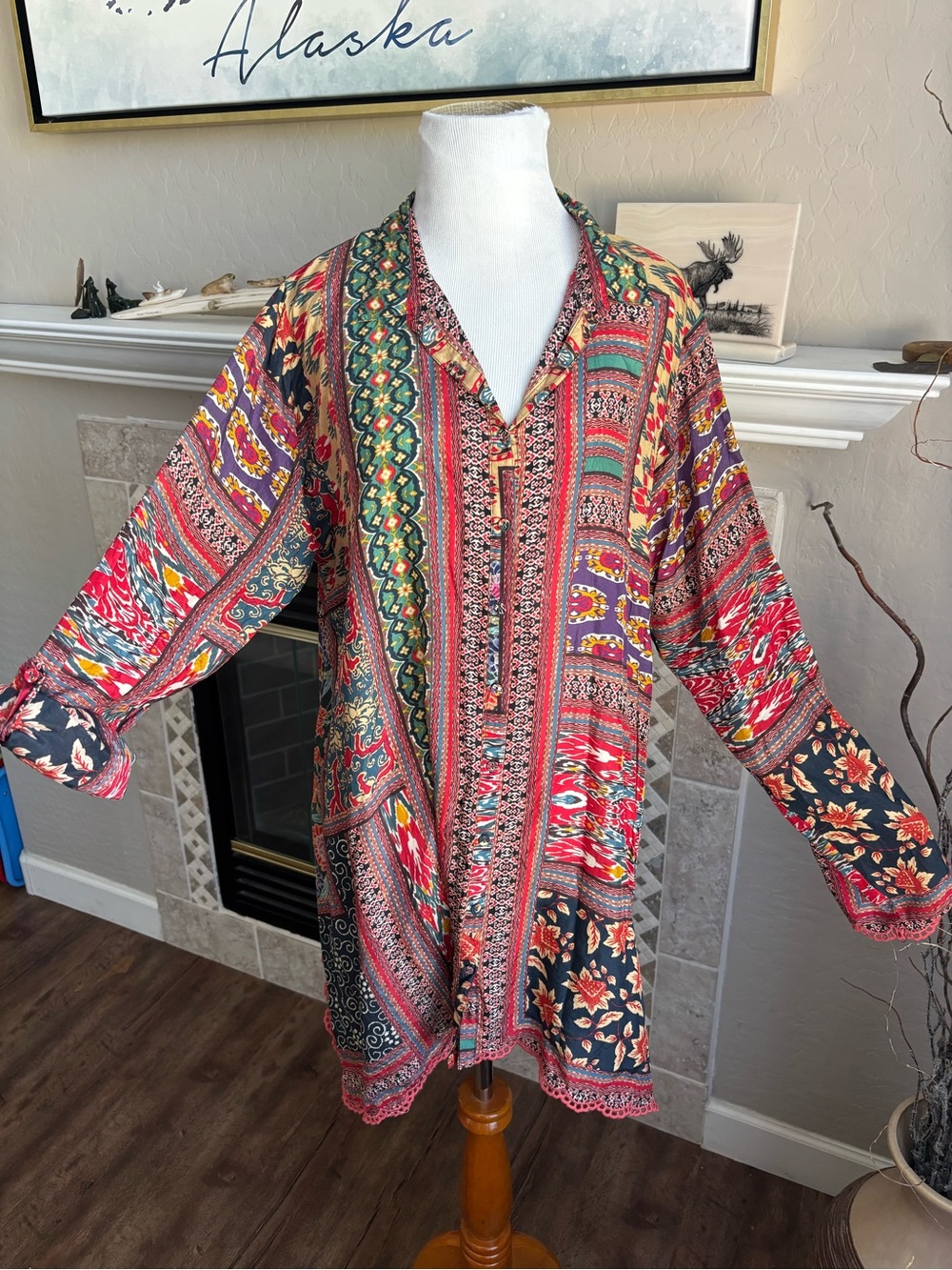 Johnny Was Blouse 100% Silk Tunic Top Size L Oversized Asymmetrical Tab Sleeves